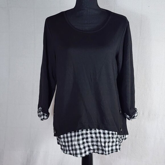 Apt. 9 Black w/Black Check Layer Roll Sleeves Poly Rayon Span Pull Over Top L - Picture 1 of 16
